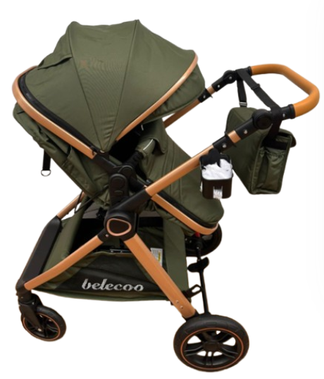 Carucior 2 in 1, Suspensie dubla pe roata, Geanta inclusa, strangere compacta, Belecoo, kaki [7]