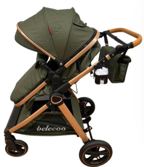 Carucior 2 in 1, Suspensie dubla pe roata, Geanta inclusa, strangere compacta, Belecoo, kaki [6]