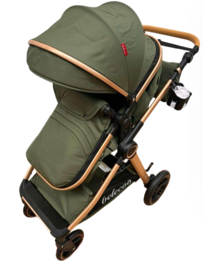 Carucior 2 in 1, Suspensie dubla pe roata, Geanta inclusa, strangere compacta, Belecoo, kaki [5]
