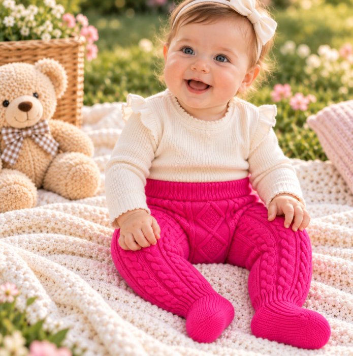 Pantaloni tricotati pentru bebeluși, cu model împletit și botoșei integrați, roz magenta [2]