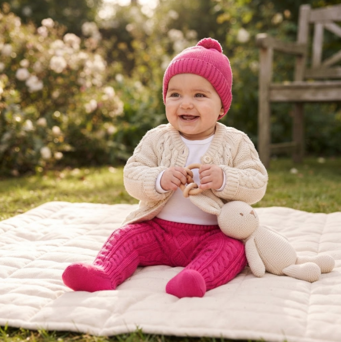 Pantaloni tricotati pentru bebeluși, cu model împletit și botoșei integrați, roz magenta [4]