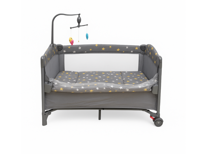 Patut bebe, 2 niveluri, cu laterala culisanta, baldachin cu suport inclus, masuta de infasat, gri [4]