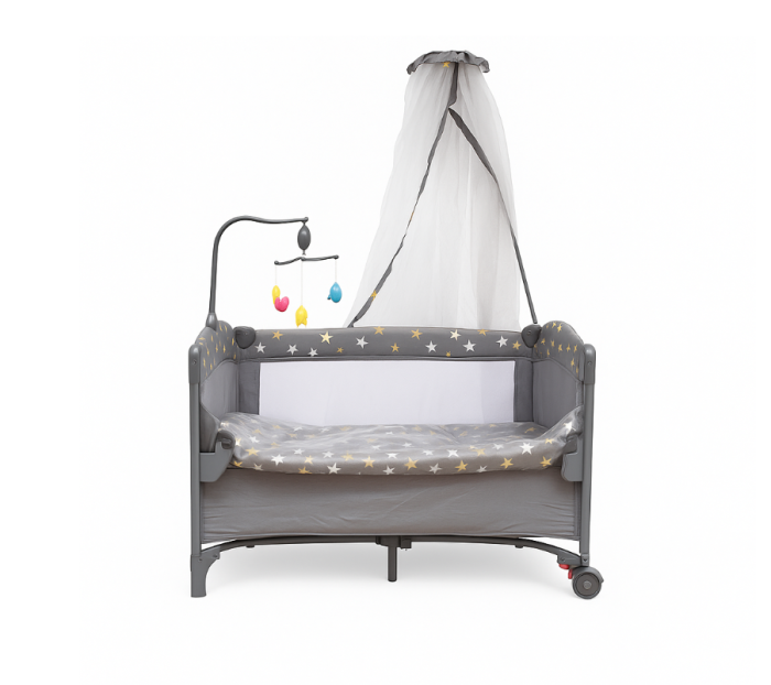 Patut bebe, 2 niveluri, cu laterala culisanta, baldachin cu suport inclus, masuta de infasat, gri [3]