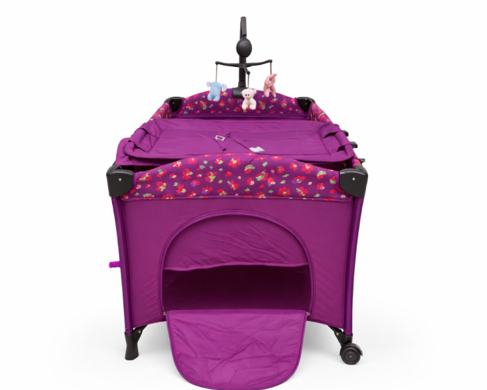 Patut bebe, 2 niveluri, cu laterala culisanta, baldachin cu suport inclus, masuta de infasat, Mov [4]