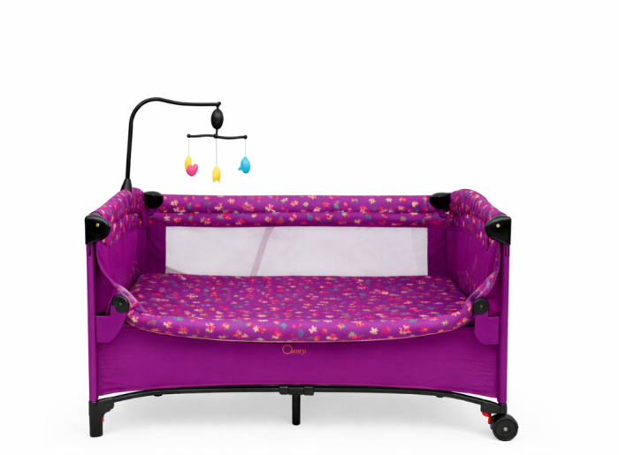 Patut bebe, 2 niveluri, cu laterala culisanta, baldachin cu suport inclus, masuta de infasat, Mov [3]