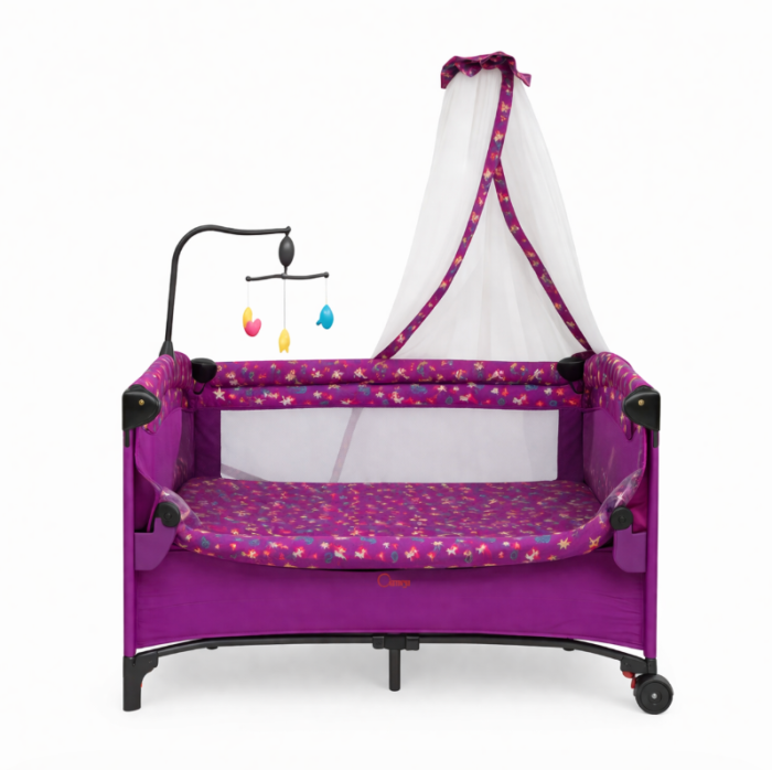 Patut bebe, 2 niveluri, cu laterala culisanta, baldachin cu suport inclus, masuta de infasat, Mov [2]