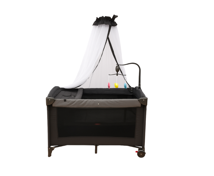Patut bebe, 2 niveluri, cu laterala culisanta, baldachin cu suport inclus, masuta de infasat, negru [1]