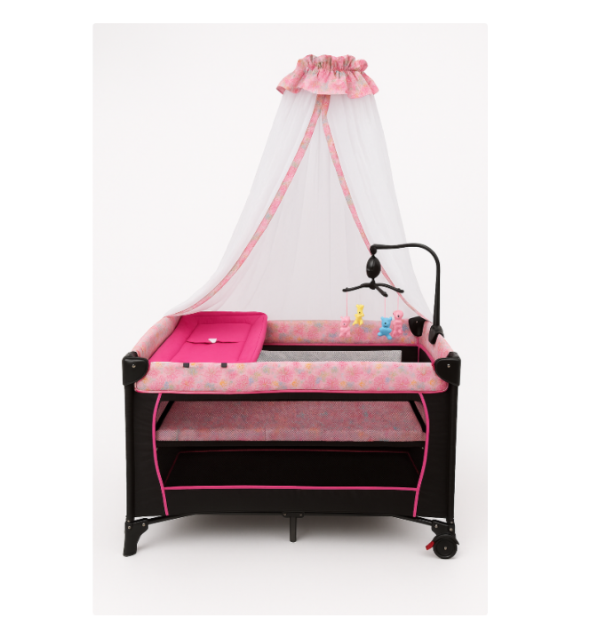 Patut bebe, 2 niveluri, cu laterala culisanta, baldachin cu suport inclus, masuta de infasat, roz [1]