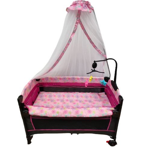 Patut bebe, 2 niveluri, cu laterala culisanta, baldachin cu suport inclus, masuta de infasat, roz [3]