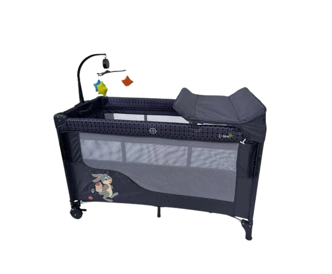 Patut bebelusi, L-Sun, cu laterala culisanta, pliabil, include masa de infasat, cu baldachin si jucarie carusel, Albastru [3]