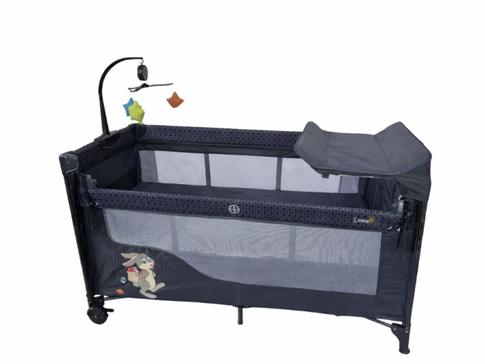 Patut bebelusi, L-Sun, cu laterala culisanta, pliabil, include masa de infasat, cu baldachin si jucarie carusel, Albastru [4]