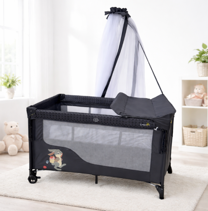 Patut bebelusi, L-Sun, cu laterala culisanta, pliabil, include masa de infasat, cu baldachin si jucarie carusel, Albastru [2]