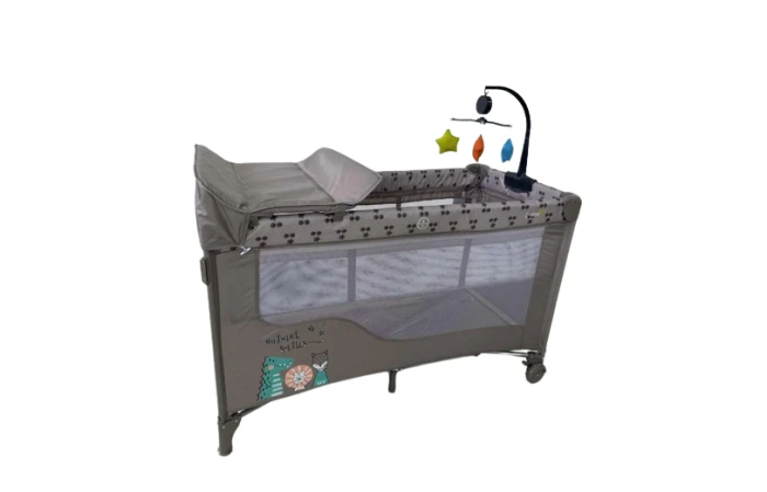 Patut bebelusi, L-Sun, cu laterala culisanta, pliabil, include masa de infasat, cu baldachin si jucarie carusel, Bej [4]