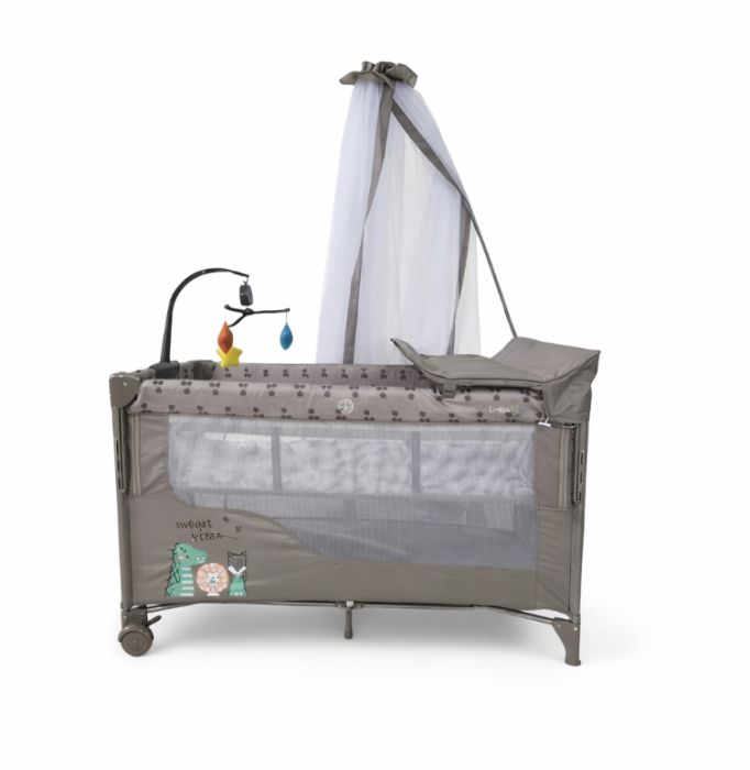 Patut bebelusi, L-Sun, cu laterala culisanta, pliabil, include masa de infasat, cu baldachin si jucarie carusel, Bej [2]