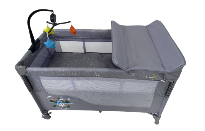 Patut bebelusi, L-Sun, cu laterala culisanta, pliabil, include masa de infasat, cu baldachin si jucarie carusel, Gri [5]