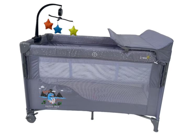 Patut bebelusi, L-Sun, cu laterala culisanta, pliabil, include masa de infasat, cu baldachin si jucarie carusel, Gri [2]