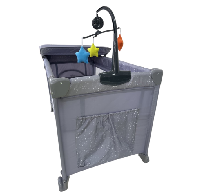 Patut bebelusi, L-Sun, cu laterala culisanta, pliabil, include masa de infasat, cu baldachin si jucarie carusel, Gri [3]