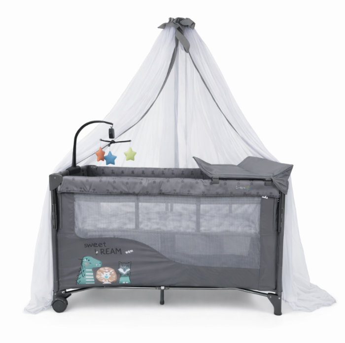 Patut bebelusi, L-Sun, cu laterala culisanta, pliabil, include masa de infasat, cu baldachin si jucarie carusel, Gri [6]