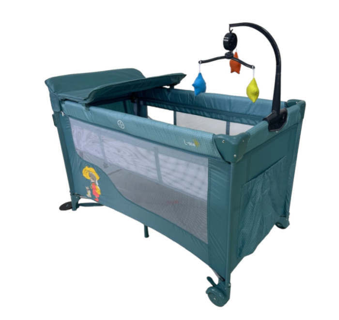 Patut bebelusi, L-Sun, cu laterala culisanta, pliabil, include masa de infasat, cu baldachin si jucarie carusel, Verde [2]