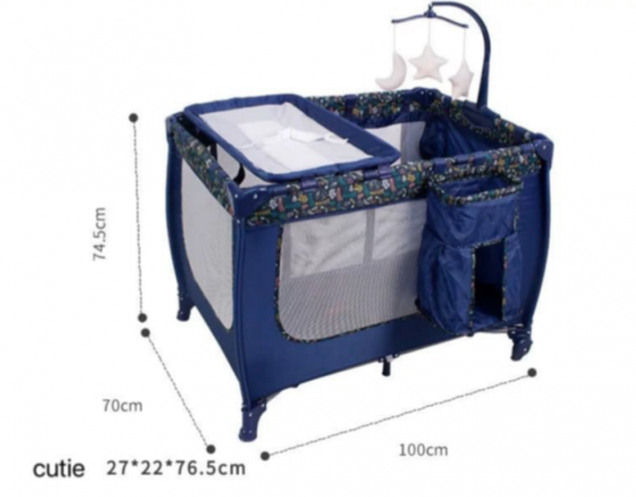 Patut pliabil, cu 2 nivele, masa de infasat, sac colector lateral, carusel, albastru [2]