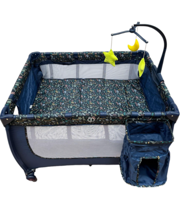 Patut pliabil, cu 2 nivele, masa de infasat, sac colector lateral, carusel, albastru [4]