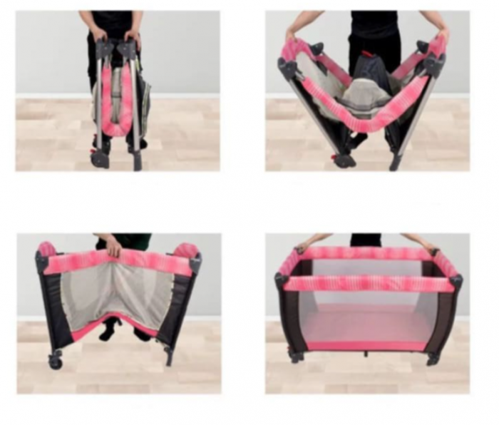 Patut pliabil, cu 2 nivele, masa de infasat, sac colector lateral, carusel, roz [5]