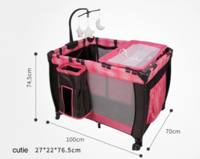 Patut pliabil, cu 2 nivele, masa de infasat, sac colector lateral, carusel, roz [3]