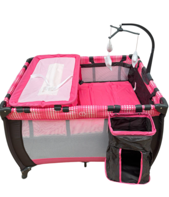 Patut pliabil, cu 2 nivele, masa de infasat, sac colector lateral, carusel, roz [4]