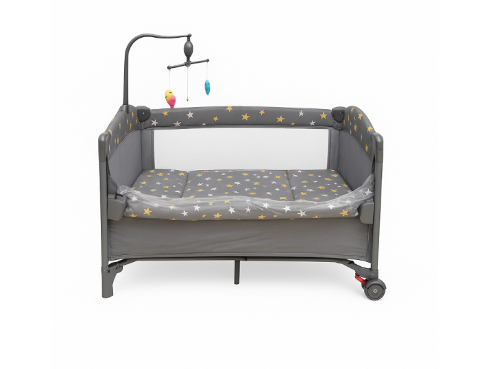 Patut pliabil, cu laterala culisanta, 2 niveluri, masa de infasat, carusel muzical, gri [2]