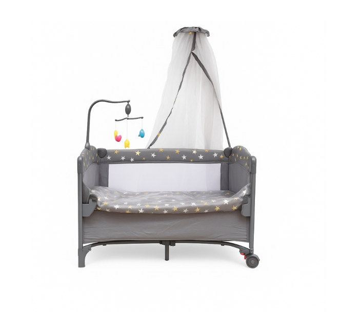 Patut pliabil, cu laterala culisanta, 2 niveluri, masa de infasat, carusel muzical, gri [1]