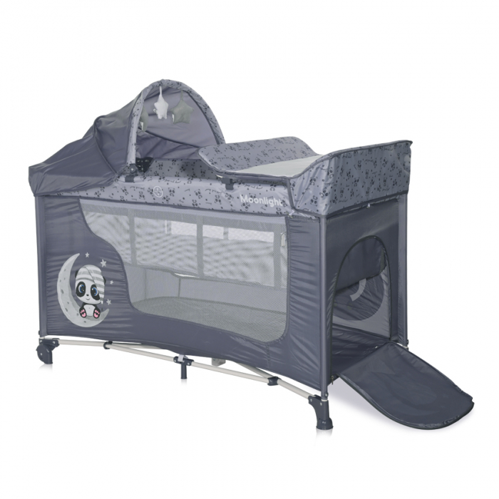 Patut pliabil, Moonlight Plus, 2 nivele cu accesorii, Cool Grey Pandas [3]