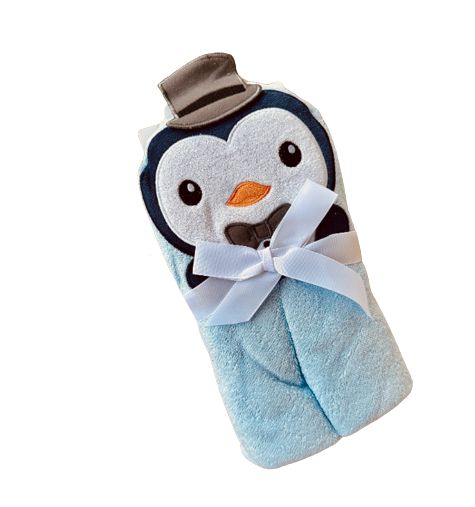 Prosop de baie pentru bebelusi, cu gluga, densitate mare, 360g/mp, Model pinguin albastru [1]