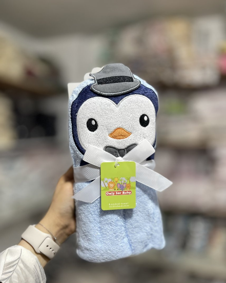 Prosop de baie pentru bebelusi, cu gluga, densitate mare, 360g/mp, Model pinguin albastru [3]