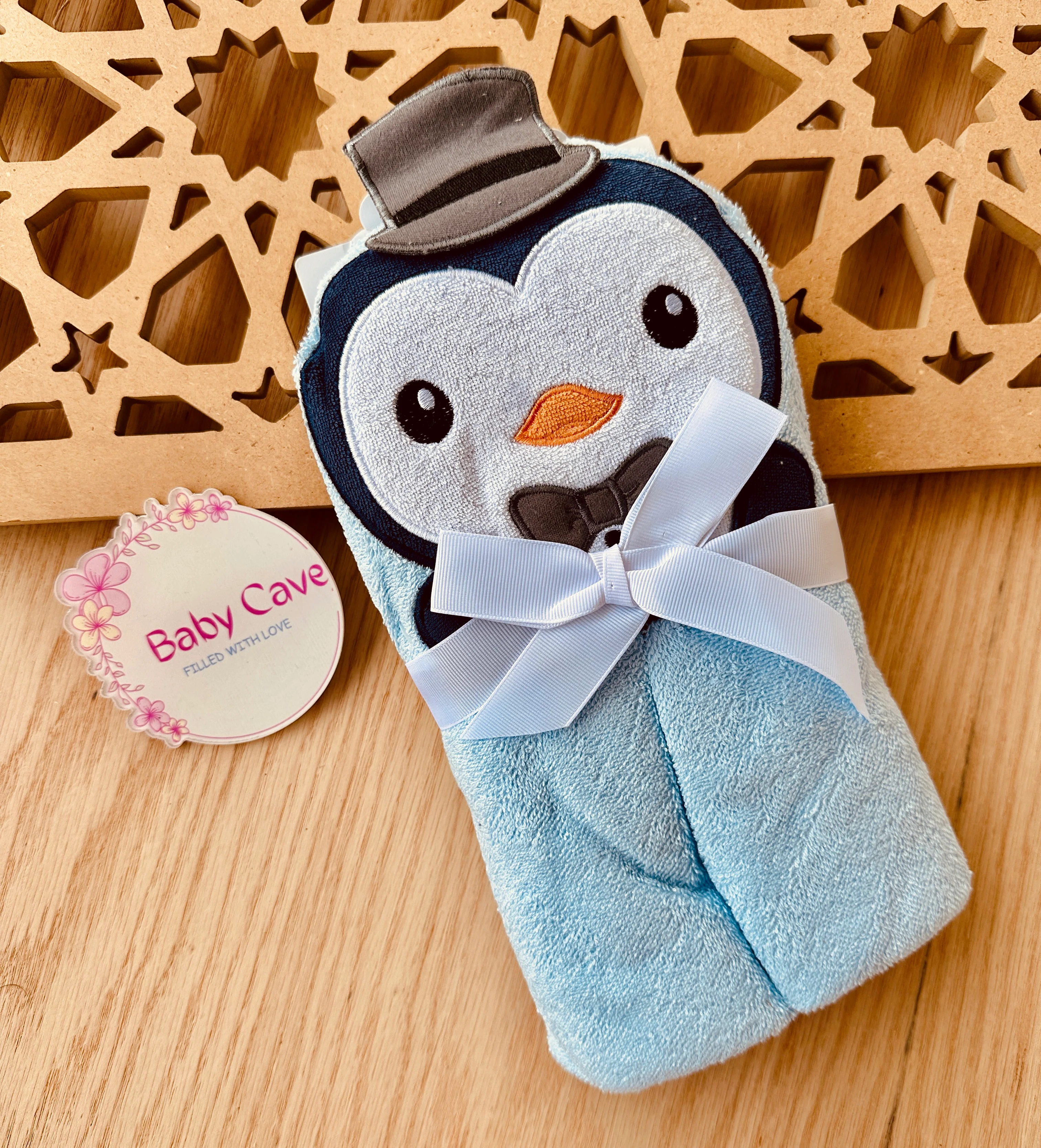 Prosop de baie pentru bebelusi, cu gluga, densitate mare, 360g/mp, Model pinguin albastru [2]