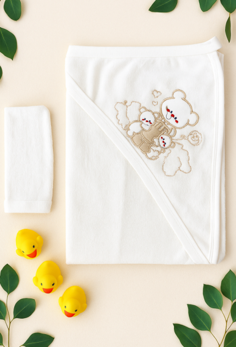 Prosop De Baie Pentru Bebelusi, Manusa inclusa, Ursuleti, 90 x 70 cm [2]
