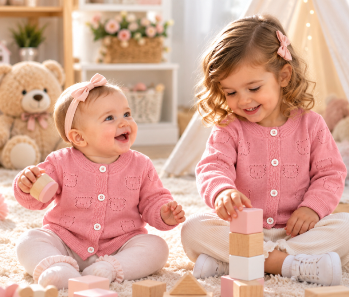Pulover tip Cardigan tricotat pentru bebe cu model ursuleți, Roz [2]