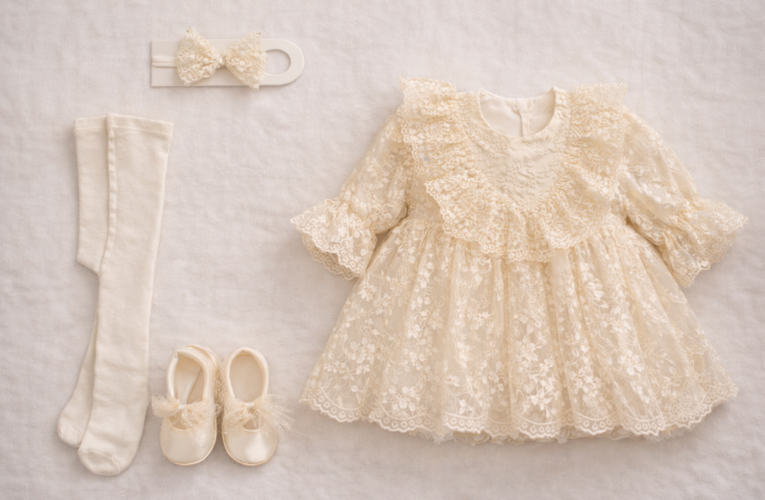 Rochiță elegantă, crem, cu dantelă. set complet 4 piese, Innocence [3]