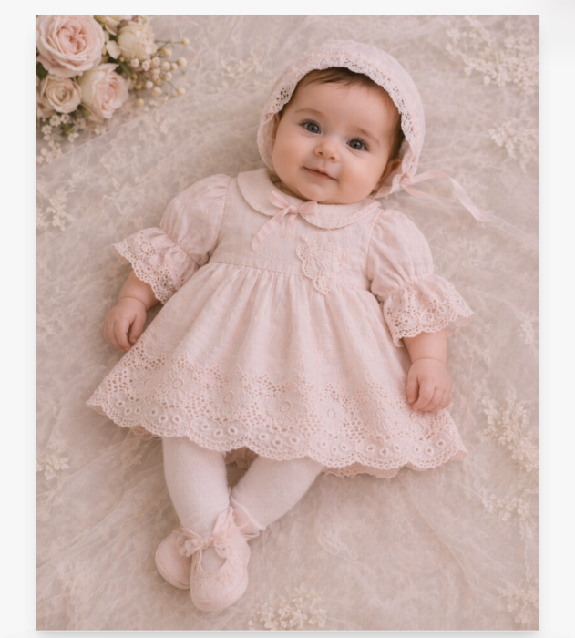 Rochiță elegantă, Broderie sparta, la set cu dres, boneta si pantofiori [3]