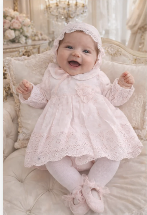 Rochiță elegantă, Broderie sparta, la set cu dres, boneta si pantofiori [2]