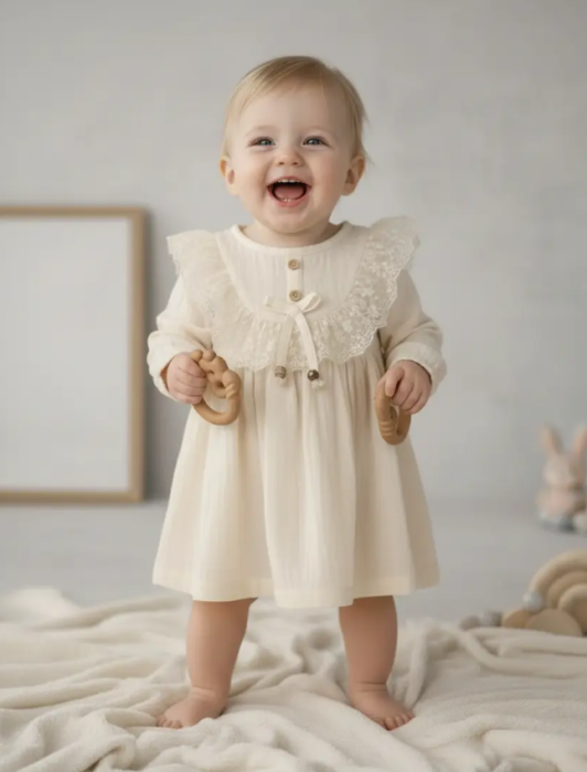 Rochita muselina cu detalii din dantela, Bej [3]