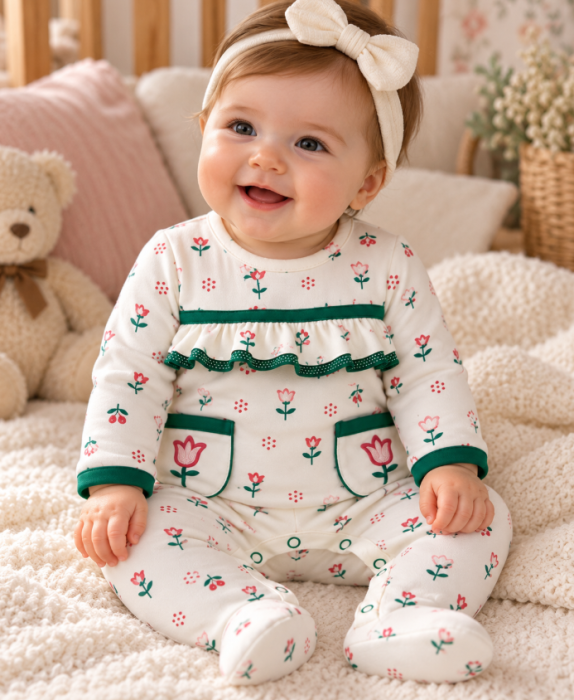Salopetă bebe, cu botoșei și imprimeu floral, Verde crud [3]