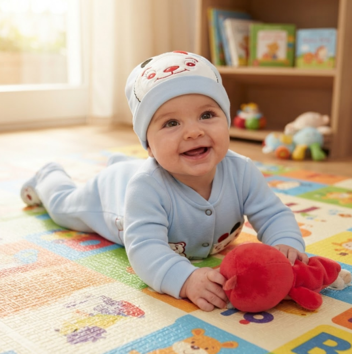 Salopetă bebe, din bumbac, cu căciuliță, albastru [2]