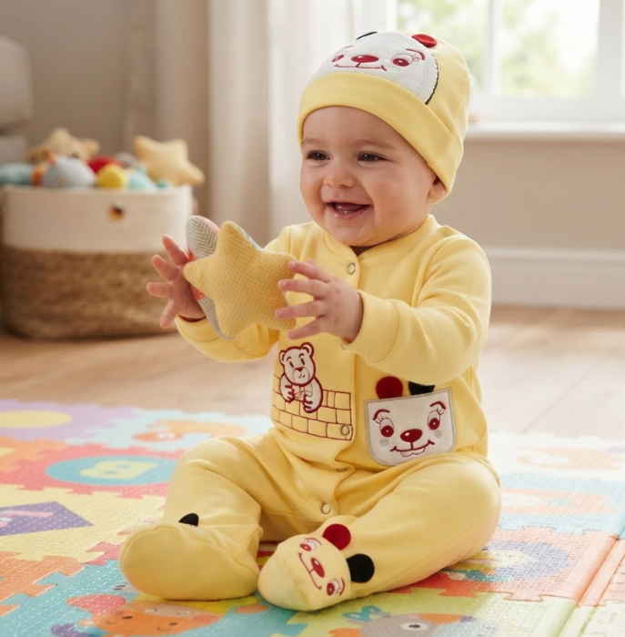 Salopetă bebe, din bumbac, cu căciuliță, Galben [4]