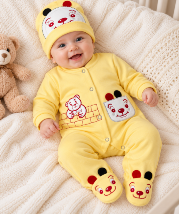 Salopetă bebe, din bumbac, cu căciuliță, Galben [2]