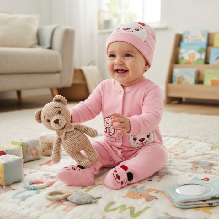 Salopetă bebe, din bumbac, cu căciuliță, Roz [3]