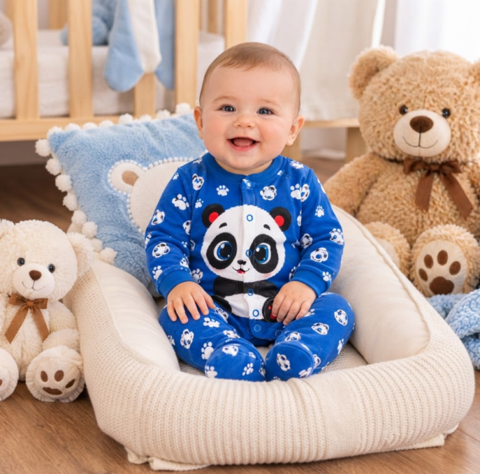 Salopetă bebe din bumbac cu imprimeu panda și botoșei, Albastra [2]
