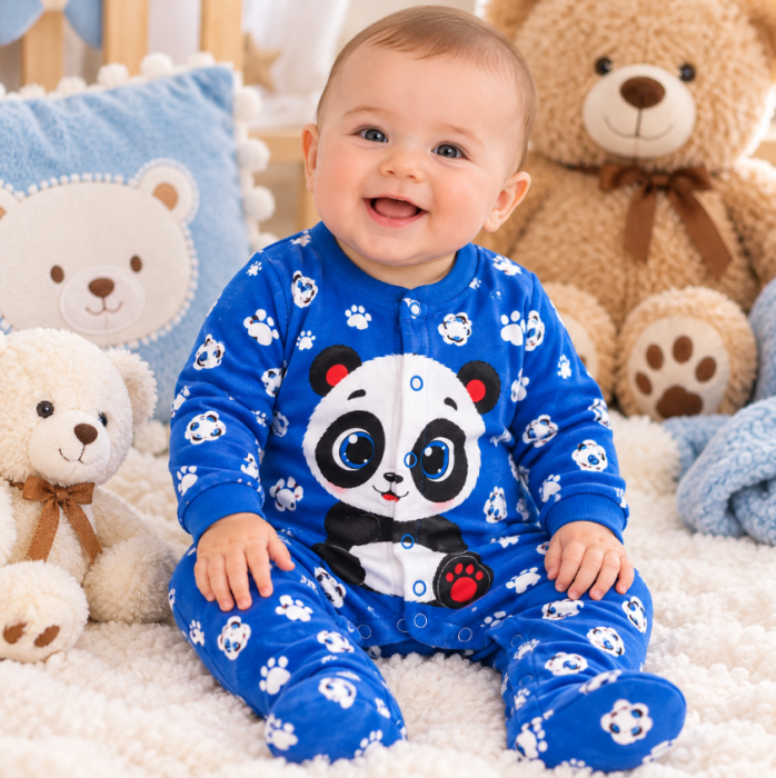 Salopetă bebe din bumbac cu imprimeu panda și botoșei, Albastra [3]