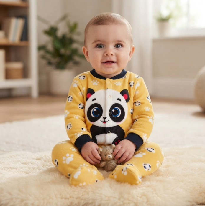Salopetă bebe din bumbac cu imprimeu panda și botoșei, Galben [2]