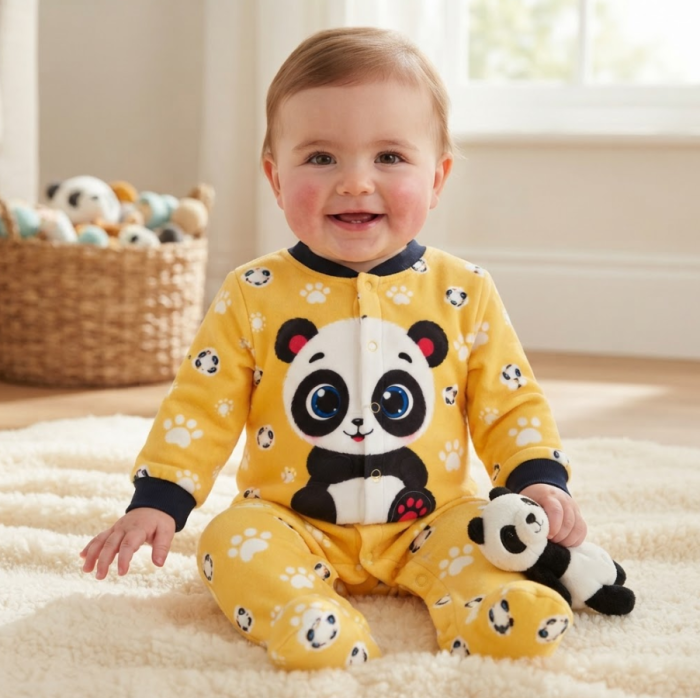 Salopetă bebe din bumbac cu imprimeu panda și botoșei, Galben [3]