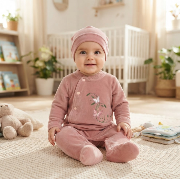 Salopetă bebe din catifea cu botoșei integrați, căciuliță, Broderie floricele [2]